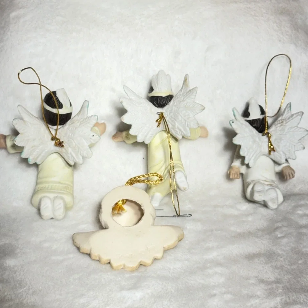 Vintage Native American Angel Ornament Set Porcelain Christmas Cherubs 4pc Multi